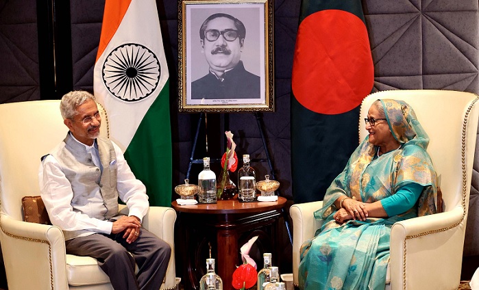 Indian External Affairs Minister Dr S Jaishankar (left) calls on Bangladesh Prime Minister Sheikh Hasina at Hotel Taj Palace in New Delhi on Friday (June 21) evening. PHOTO: PID