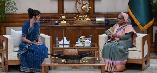 Swedish Ambassador to Bangladesh Alexandra Berg von Linde (left) paid a farewell call on Prime Minister Sheikh Hasina at her Ganabhaban residence on Tuesday