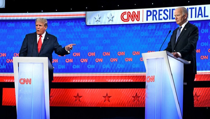 US President Joe Biden and former US President and Republican presidential candidate Donald Trump participate in the first presidential debate of the 2024 elections at CNN's studios in Atlanta, Georgia, on June 27, 2024. (AFP)