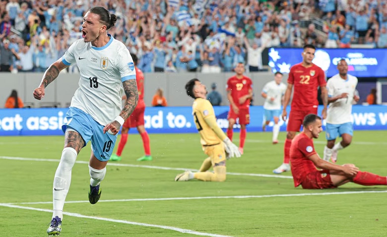 Uruguay forward Darwin Nunez (19) celebrates his goal past Bolivia goalkeeper Guillermo Viscarra (23) during the first half of the Copa America match at MetLife Stadium.Photo: Reuters