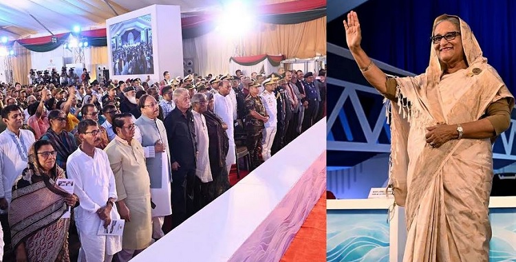 Prime Minister Sheikh Hasina waves hand after she reaches the venue of a civic rally marking the closing of the Padma Bridge construction work at Mawa-end Friday (July 5) afternoon.