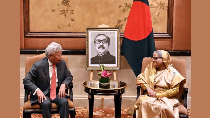  Prime Minister Sheikh Hasina holds a meeting with the Asian Infrastructure Investment Bank (AIIB) President Jin Liqun when the latter pays a courtesy call on her at her Place of Residence in Beijing on Tuesday (July 9) 