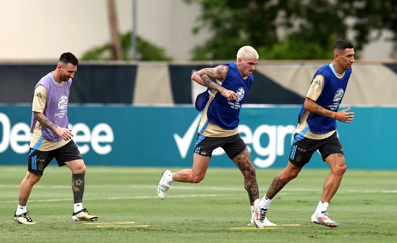 Argentina's Lionel Messi, Rodrigo De Paul, and Angel Di Maria during training ahead of Copa America 2024 Final. Photo: Reuters