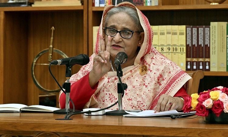 Prime Minister Sheikh Hasina addresses a press conference at Ganabhaban in the capital on Sunday afternoon