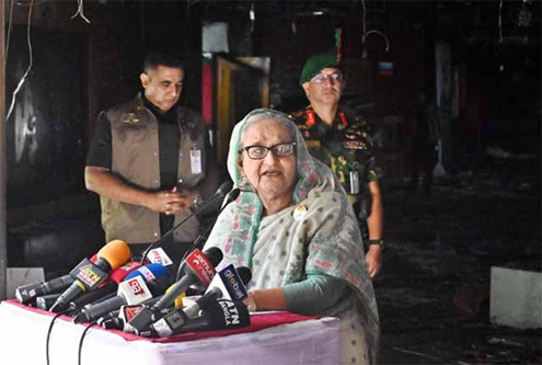 Prime Minister Sheikh Hasina speaks after visiting the ransacked Bangladesh Television (BTV) Bhaban in Rampura area of the capital on Friday. Photo: BSS