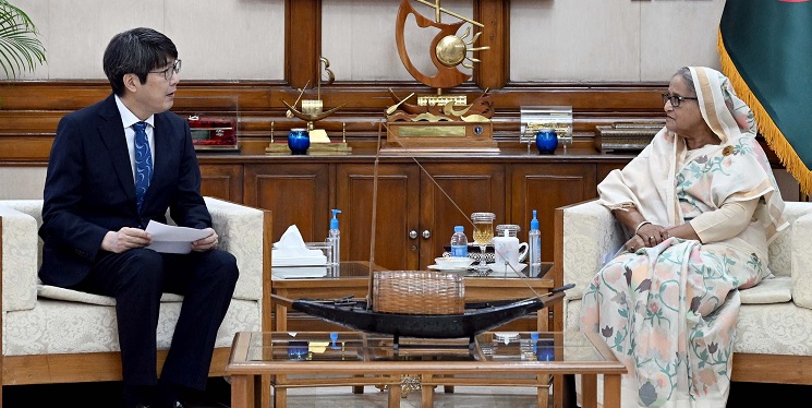 Japan's Ambassador to Bangladesh IWAMA Kiminori pays a courtesy call on  Prime Minister Sheikh Hasina at her office in the capital on Saturday.