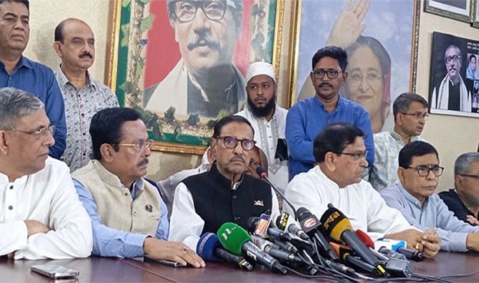 Awami League general secretary Obaidul Quader addresses a press conference in Dhaka on Saturday