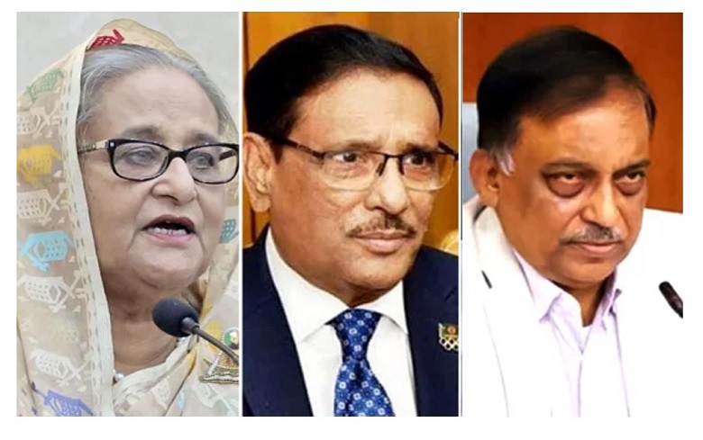 Former Prime Minister Sheikh Hasina (L), Awami League general secretary Obaidul Quader (in middle), and former home minister Asaduzzaman Khan Kamal (R). File Photo