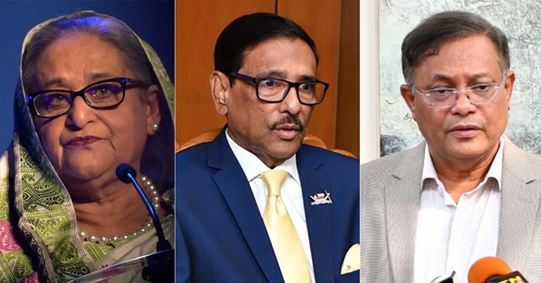 Former prime minister Sheikh Hasina (L), former minister for road transport and bridges Obaidul Quader (M), former foreign minister Hasan Mahmud (R). File Photo