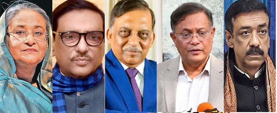 Former Prime Minister Sheikh Hasina, former Bridge Minister Obaidul Quader,former Home Minister Asaduzzaman Khan Kamal, former Foreign Minister Hasan Mahmud, former MP Shamim Osman. File photo