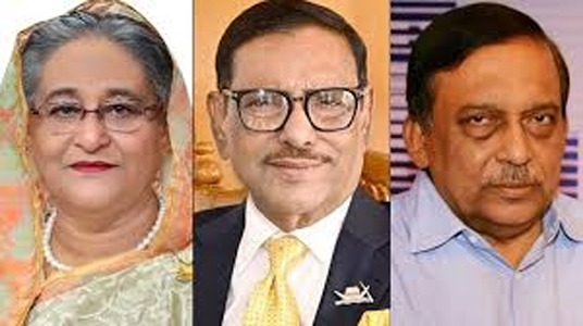 Sheikh Hasina (Left), Obaidul Quader (2nd Right), Asaduzzaman Khan (Right). File photos