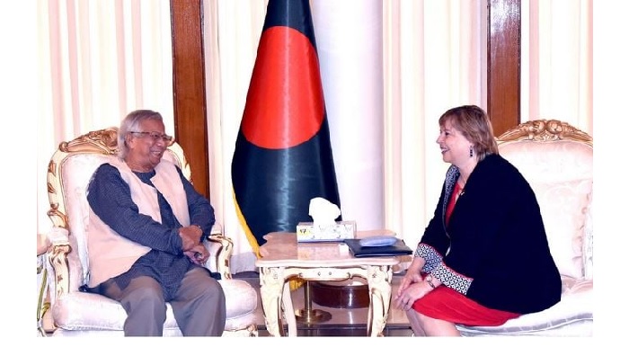 Canadian High Commissioner in Dhaka Lilly Nicholls (right) calls on Chief Adviser Professor Muhammad Yunus at the State Guest House Jamuna in Dhaka on Wednesday (August 28, 2024)