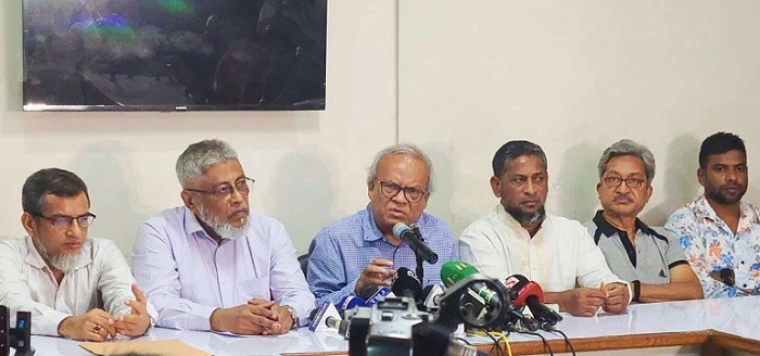 Bangladesh Nationalist Party (BNP) Senior Joint Secretary General Advocate Ruhul Kabir Rizvi Ahmed addresses a press conference organized by Agriculturists Association of Bangladesh (AAB) at the BNP's Nayapaltan central office in the capital.  