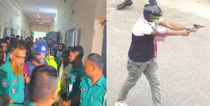 Rubel (Left) is being taken to a Rajshahi court on Sunday, in a video footage, Rubel (Right) was seen carrying two firearms and firing at students on August 5. 