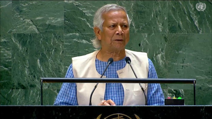 Chief Adviser Professor Muhammad Yunus addresses the 79th session of the United Nations General Assembly in New York on Friday (September 27, 2024) 