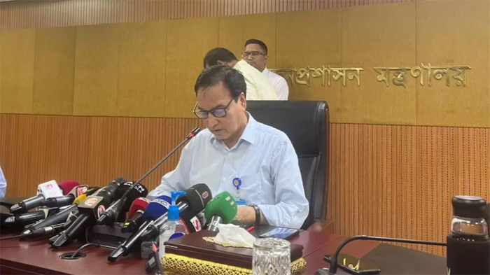 Senior Secretary of the Ministry of Public Administration, Md. Mokhlesur Rahman, speaks at press conference at the Secretariat in Dhaka on Monday 