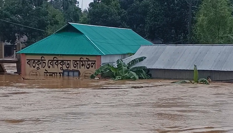 More than hundreds of homes submerged in Sherpur flashflood triggered by continuous heavy rainfall and sudden mountain runoff. Photo: The Daily Observer