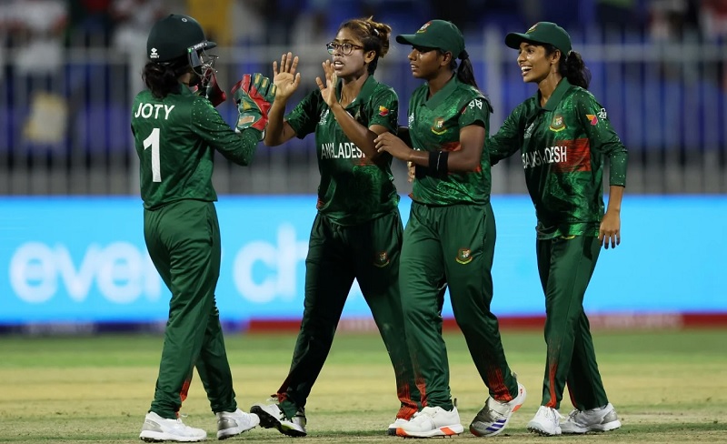 Fahima Khatun celebrates the wicket of Nat Sciver-Brunt•Oct 05, 2024•ICC/Getty Images