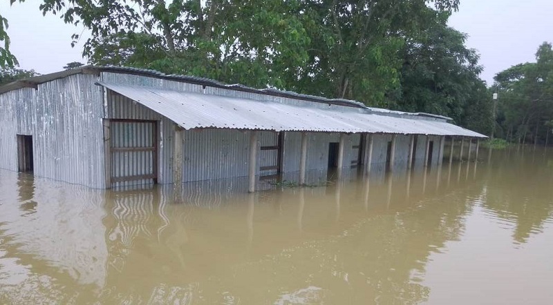 Dakhshin Jagirpara Primary School in Netrokona's Durgapur upazila, went under water due to the continuous heavy rainfall for three days and upstream water from India. Photo: The Daily Observer