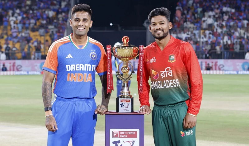 Captains Suryakumar Yadav and Najmul Hossain Shanto pose with the series trophy• Oct 06, 2024 • Photo: BCCI