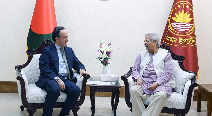 Spanish Ambassador to Bangladesh Gabriel Sistiaga (left) meets Chief Adviser Professor Muhammad Yunus at his office at Tejgaon in Dhaka on Wednesday