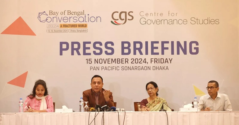 Executive Director of the Centre for Governance Studies (CGS) Zillur Rahman (3rd from left) addressing a press briefing in Dhaka on Friday