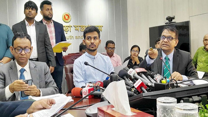 Secretary to the Ministry of Youth and Sports Md Rezaul Maksud Zahedi speaks at a press conference at the secretariat in Dhaka on Sunday. Youth and Sports Adviser Asif Mahmud Sajeeb Bhuiyan looks on.