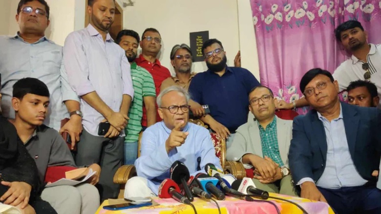 BNP's Senior Joint Secretary General Advocate Ruhul Kabir Rizvi talks to journalists following a meeting with the families of martyred who were killed in firing by law enforcers during the student-people led mass uprising at Mirpur in the capital