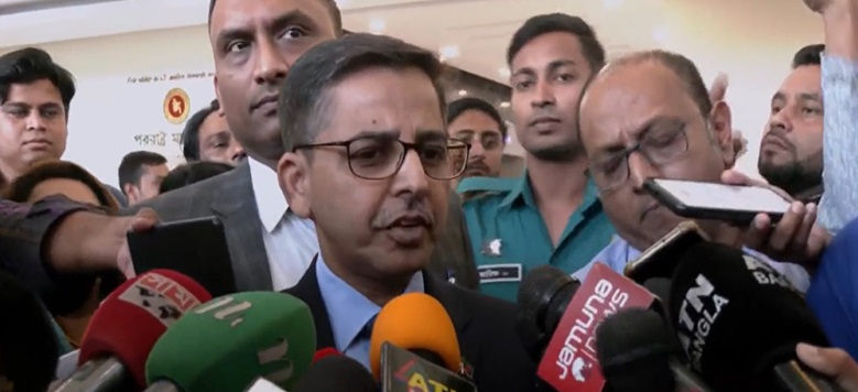 Indian High Commissioner in Dhaka Pranay Verma speaks to reporters after coming out of a meeting at the Ministry of Foreign Affairs on Tuesday afternoon.