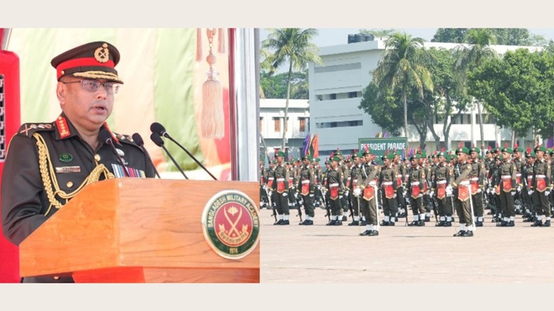 Chief of Army Staff General Waker-Uz-Zaman  addresses during the President's Parade, marking the commissioning of new officers at the Bangladesh Military Academy (BMA) Parade Ground in Chattogram on Tuesday. PHOTO: ISPR