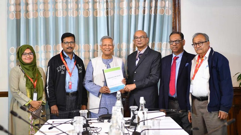 The Commission of Inquiry on Enforced Disappearances submits its first interim report to Chief Adviser Muhammad Yunus at the state guest house Jamuna in Dhaka on Saturday (December 14)