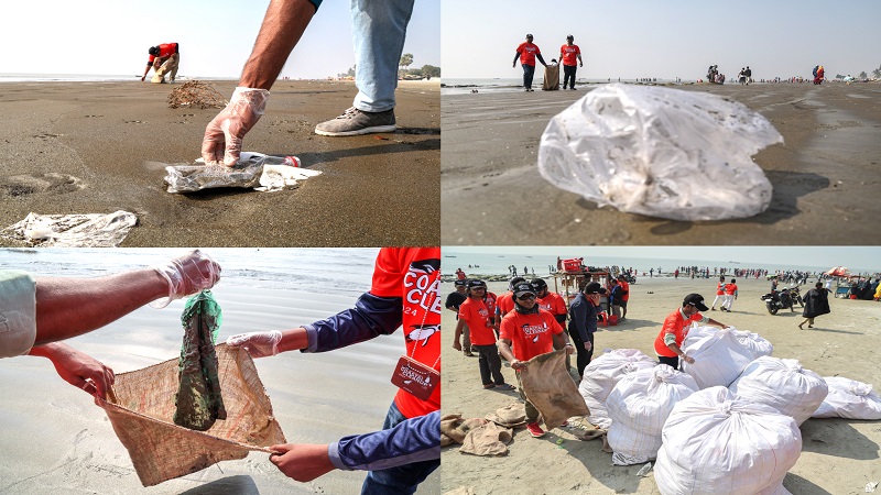 The volunteers remove plastic-made wastages from Kuakata beach. Photo: Observer