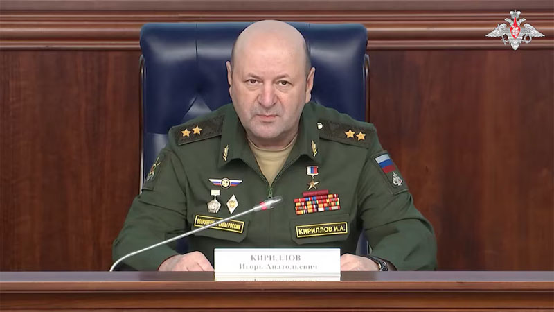 Lieutenant General Igor Kirillov, chief of Russia's Nuclear, Biological and Chemical Protection Troops, attends a press conference in Moscow, Russia, in this still image from video released November 5, 2024. Russian Defence Ministry/Handout via REUTERS/File Photo