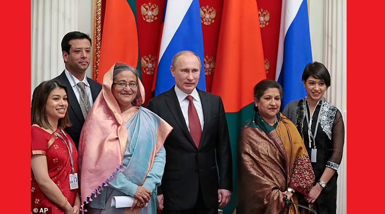 Russian President Vladimir Putin (centre), former Bangladesh Prime Minister Sheikh Hasina (left) and Tulip Siddiq MP (far left) attend the signing ceremony in the Kremlin on Jan 15, 2013