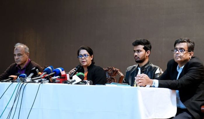 Environment Adviser Syeda Rizwana Hasan addresses a press briefing at Foreign Service Academy in the capital on Thursday evening. Home Affairs Adviser Lt Gen (Retd) Jahangir Alam Chowdhury and Sports Adviser Asif Mahmud also spoke at the briefing.