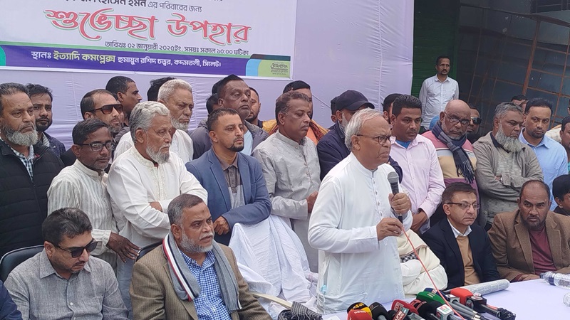 BNP Senior Joint Secretary General Ruhul Kabir Rizvi speaks at a complimentary gifts awarding to the family of Youth Asia Cup winning cricketer Iqbal Hossain Emon on behalf of the 'Aamra BNP Paribar' in Sylhet on Thursday (January 2).