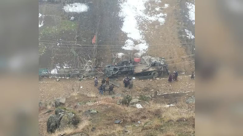 An Army vehicle veered off the road and plunged into a deep gorge near the Wular Viewpoint in the Bandipora district on Saturday, January 4, 2025.Photo | X