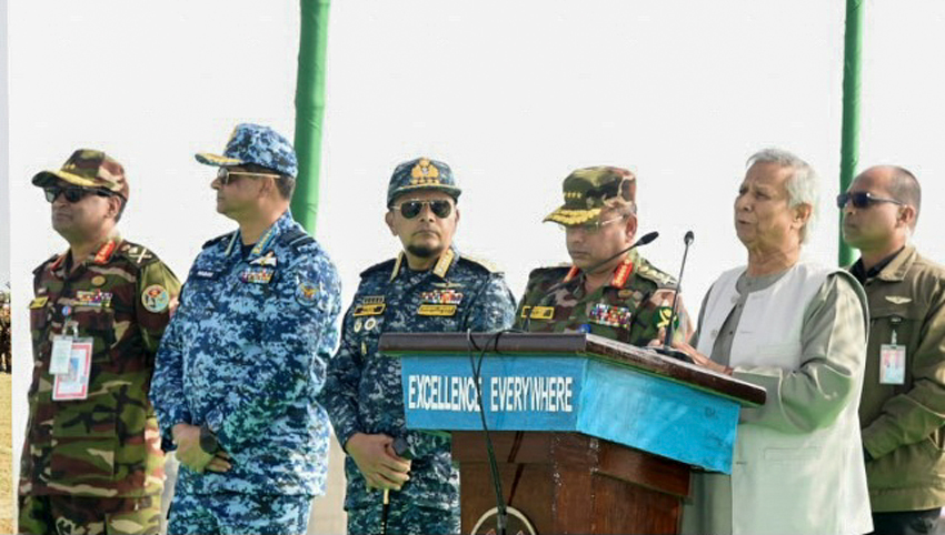 Chief Adviser Prof Muhammad Yunus speaking after witnessing the Army Manoeuvre Exercise 2024-25, organised by the army's 55 Infantry Division at Rajbari Military Training Area on Sunday. Photo: ISPR