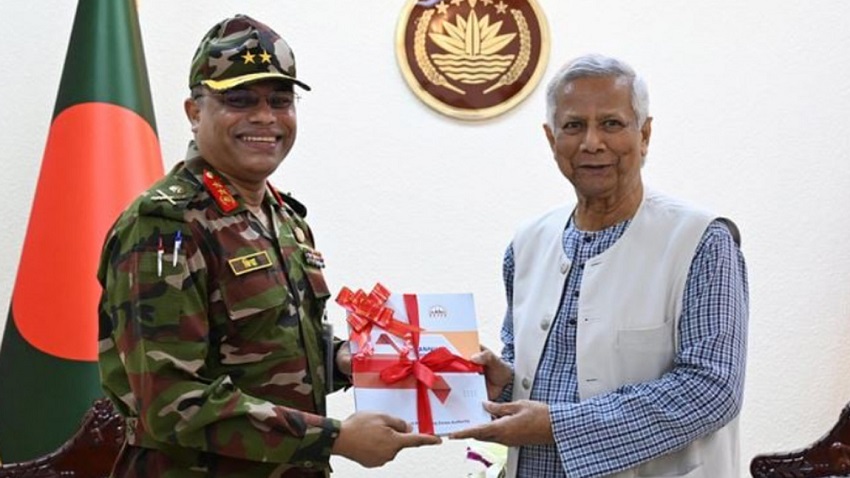 Chief Adviser Professor Muhammad Yunus receiving BEPZA’s annual report at his office in Tejgaon, Dhaka. Photo: PID